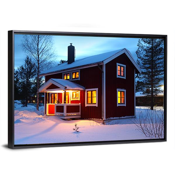 Wooden House In Sweden During Winter By Night Canvas Wall Art-3 Horizontal-Gallery Wrap-25" x 16"-Tiaracle