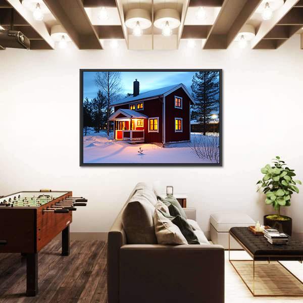 Wooden House In Sweden During Winter By Night Canvas Wall Art-3 Horizontal-Gallery Wrap-25" x 16"-Tiaracle