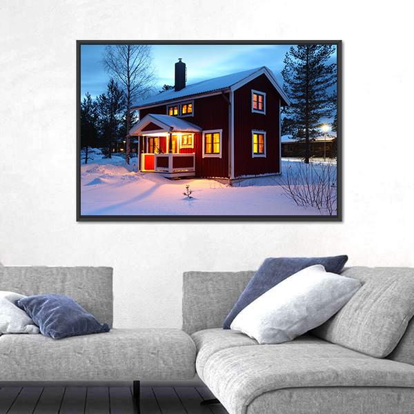 Wooden House In Sweden During Winter By Night Canvas Wall Art-3 Horizontal-Gallery Wrap-25" x 16"-Tiaracle