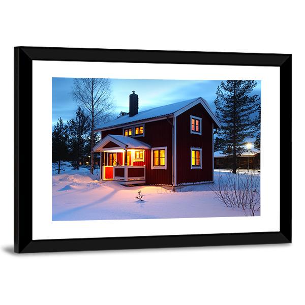Wooden House In Sweden During Winter By Night Canvas Wall Art-3 Horizontal-Gallery Wrap-25" x 16"-Tiaracle