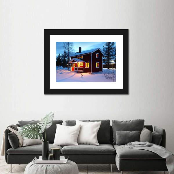 Wooden House In Sweden During Winter By Night Canvas Wall Art-3 Horizontal-Gallery Wrap-25" x 16"-Tiaracle