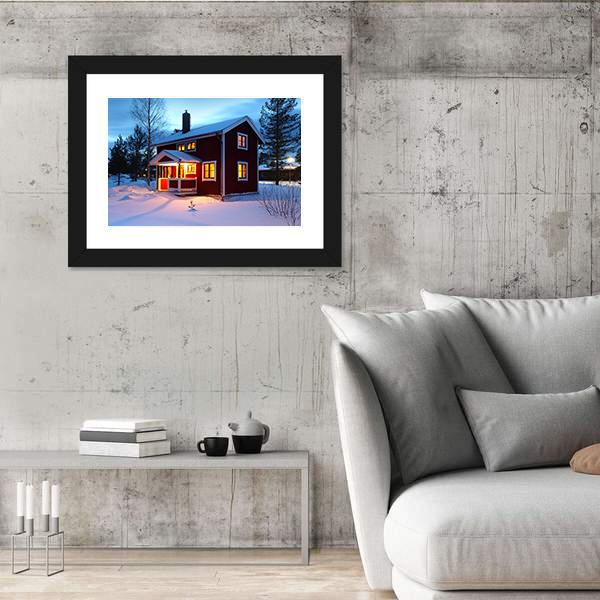 Wooden House In Sweden During Winter By Night Canvas Wall Art-3 Horizontal-Gallery Wrap-25" x 16"-Tiaracle