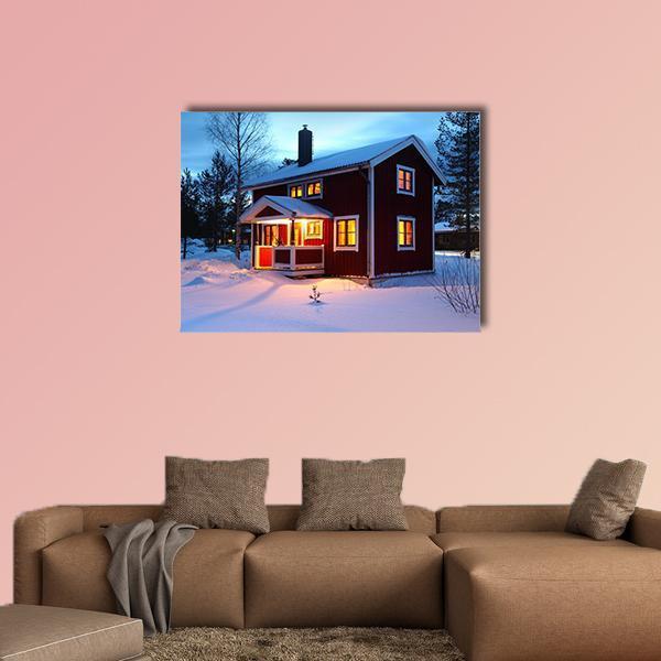 Wooden House at Winter Dusk Canvas Wall Art in white, red and blue, single panel hung on a wall
