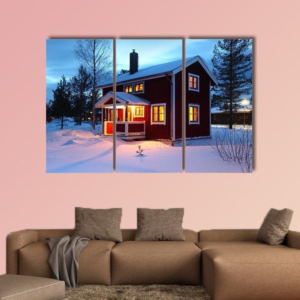 Wooden House In Sweden During Winter By Night Canvas Wall Art-3 Horizontal-Gallery Wrap-37" x 24"-Tiaracle