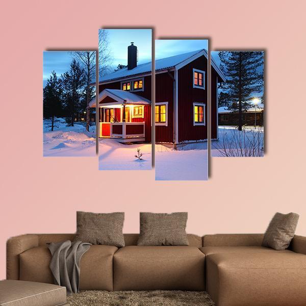 Wooden House In Sweden During Winter By Night Canvas Wall Art-4 Pop-Gallery Wrap-50" x 32"-Tiaracle
