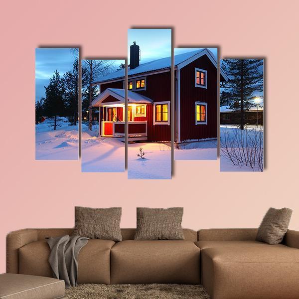 Wooden House In Sweden During Winter By Night Canvas Wall Art-5 Pop-Gallery Wrap-47" x 32"-Tiaracle