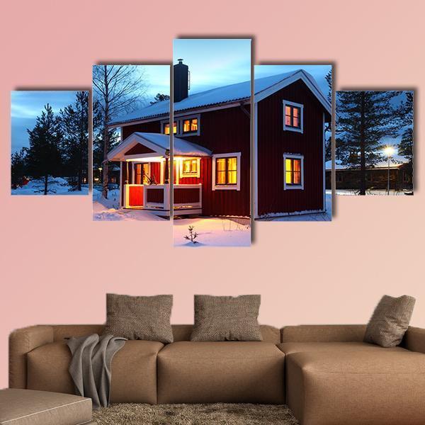 Wooden House In Sweden During Winter By Night Canvas Wall Art-5 Star-Gallery Wrap-62" x 32"-Tiaracle