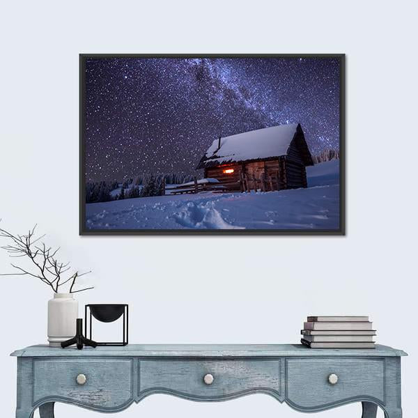 Wooden House In Winter Forest Canvas Wall Art-1 Piece-Floating Frame-24" x 16"-Tiaracle