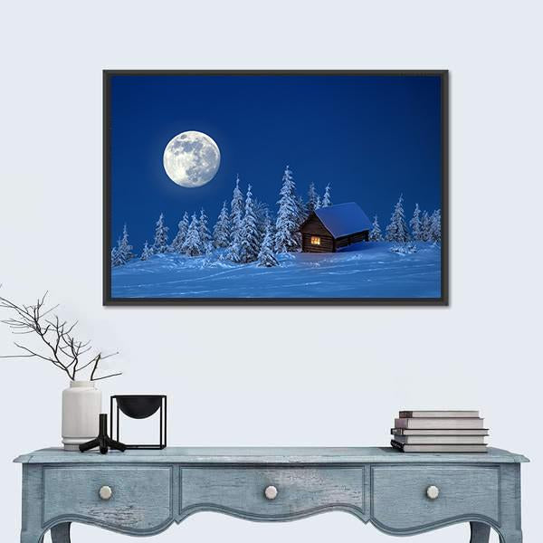 Wooden House In Winter Forest Canvas Wall Art-1 Piece-Floating Frame-24" x 16"-Tiaracle