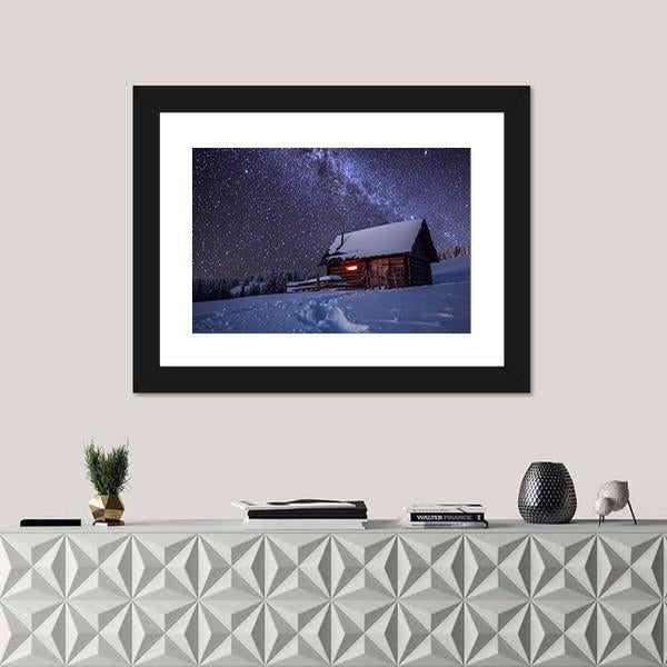 Wooden House In Winter Forest Canvas Wall Art-1 Piece-Framed Print-20" x 16"-Tiaracle