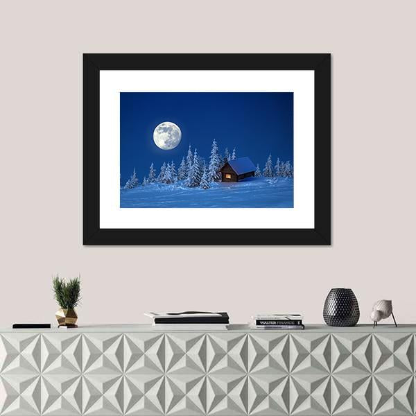 Wooden House In Winter Forest Canvas Wall Art-1 Piece-Framed Print-20" x 16"-Tiaracle