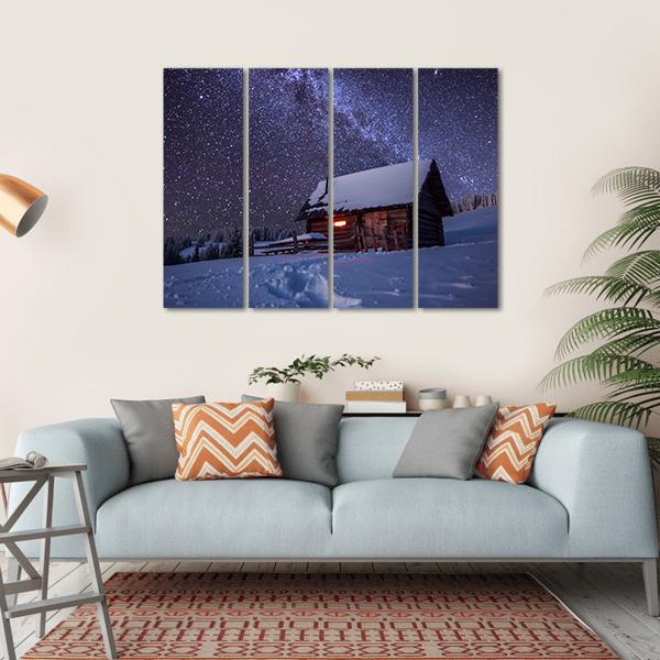 Wooden House In Winter Forest Canvas Wall Art-4 Horizontal-Gallery Wrap-34" x 24"-Tiaracle