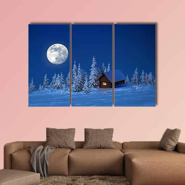 Wooden House In Winter Forest Canvas Wall Art-3 Horizontal-Gallery Wrap-37" x 24"-Tiaracle