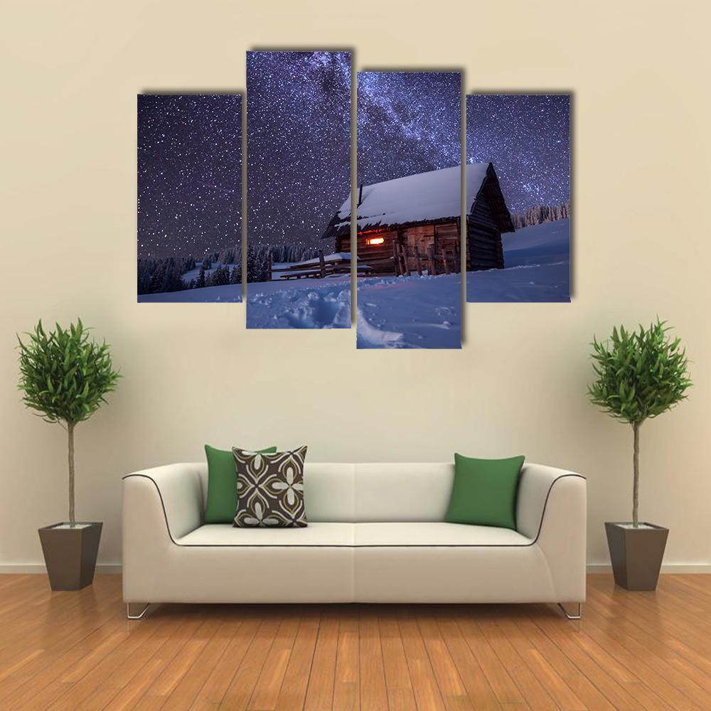 Wooden House In Winter Forest Canvas Wall Art-4 Pop-Gallery Wrap-50" x 32"-Tiaracle