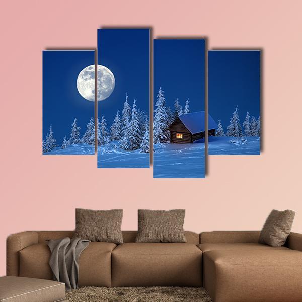 Wooden House In Winter Forest Canvas Wall Art-4 Pop-Gallery Wrap-50" x 32"-Tiaracle