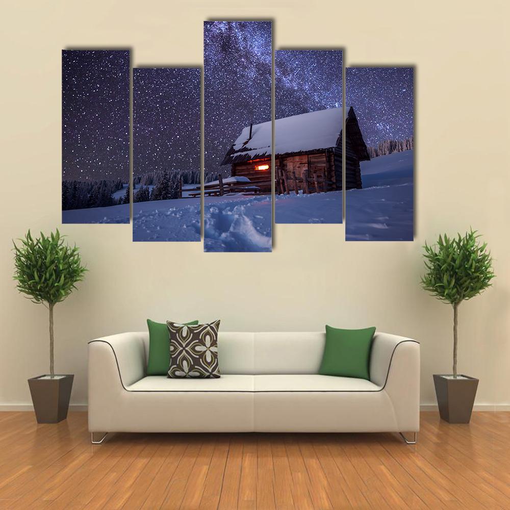 Wooden House In Winter Forest Canvas Wall Art-5 Pop-Gallery Wrap-47" x 32"-Tiaracle
