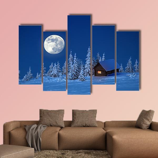 Wooden House In Winter Forest Canvas Wall Art-5 Pop-Gallery Wrap-47" x 32"-Tiaracle