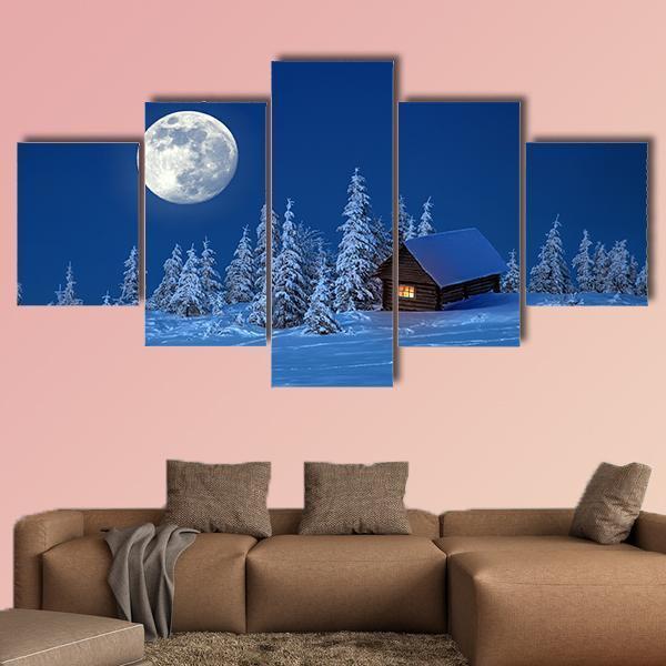 Wooden House In Winter Forest Canvas Wall Art-5 Star-Gallery Wrap-62" x 32"-Tiaracle