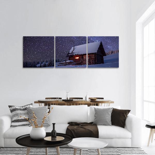 Wooden House In Winter Forest Panoramic Canvas Wall Art-3 Piece-25" x 08"-Tiaracle