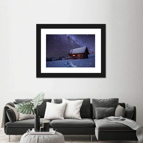 Wooden House In Winter Forest Panoramic Canvas Wall Art-1 Piece-36" x 12"-Tiaracle