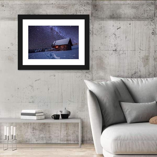 Wooden House In Winter Forest Panoramic Canvas Wall Art-1 Piece-36" x 12"-Tiaracle