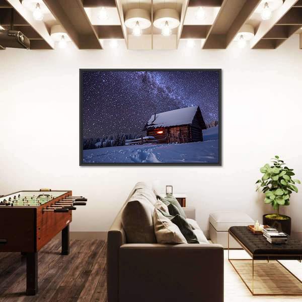 Wooden House In Winter Forest Panoramic Canvas Wall Art-1 Piece-36" x 12"-Tiaracle