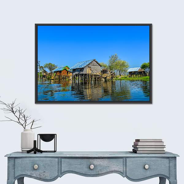 Wooden Houses In Floating Village On Inle Lake Canvas Wall Art-1 Piece-Floating Frame-24" x 16"-Tiaracle
