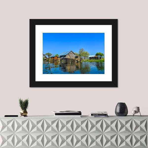Wooden Houses In Floating Village On Inle Lake Canvas Wall Art-1 Piece-Framed Print-20" x 16"-Tiaracle