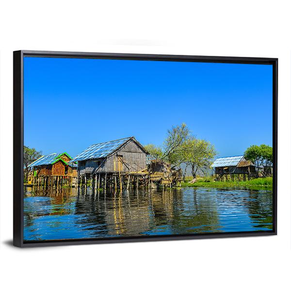 Wooden Houses In Floating Village On Inle Lake Canvas Wall Art-3 Horizontal-Gallery Wrap-25" x 16"-Tiaracle