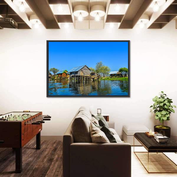 Wooden Houses In Floating Village On Inle Lake Canvas Wall Art-3 Horizontal-Gallery Wrap-25" x 16"-Tiaracle