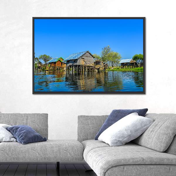Wooden Houses In Floating Village On Inle Lake Canvas Wall Art-3 Horizontal-Gallery Wrap-25" x 16"-Tiaracle