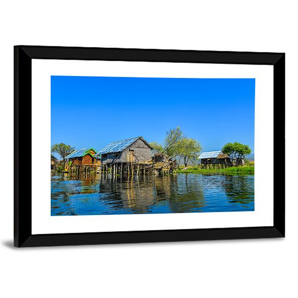 Wooden Houses In Floating Village On Inle Lake Canvas Wall Art-3 Horizontal-Gallery Wrap-25" x 16"-Tiaracle