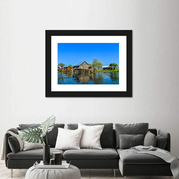 Wooden Houses In Floating Village On Inle Lake Canvas Wall Art-3 Horizontal-Gallery Wrap-25" x 16"-Tiaracle