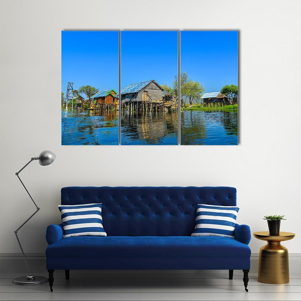 Wooden Houses In Floating Village On Inle Lake Canvas Wall Art-3 Horizontal-Gallery Wrap-37" x 24"-Tiaracle