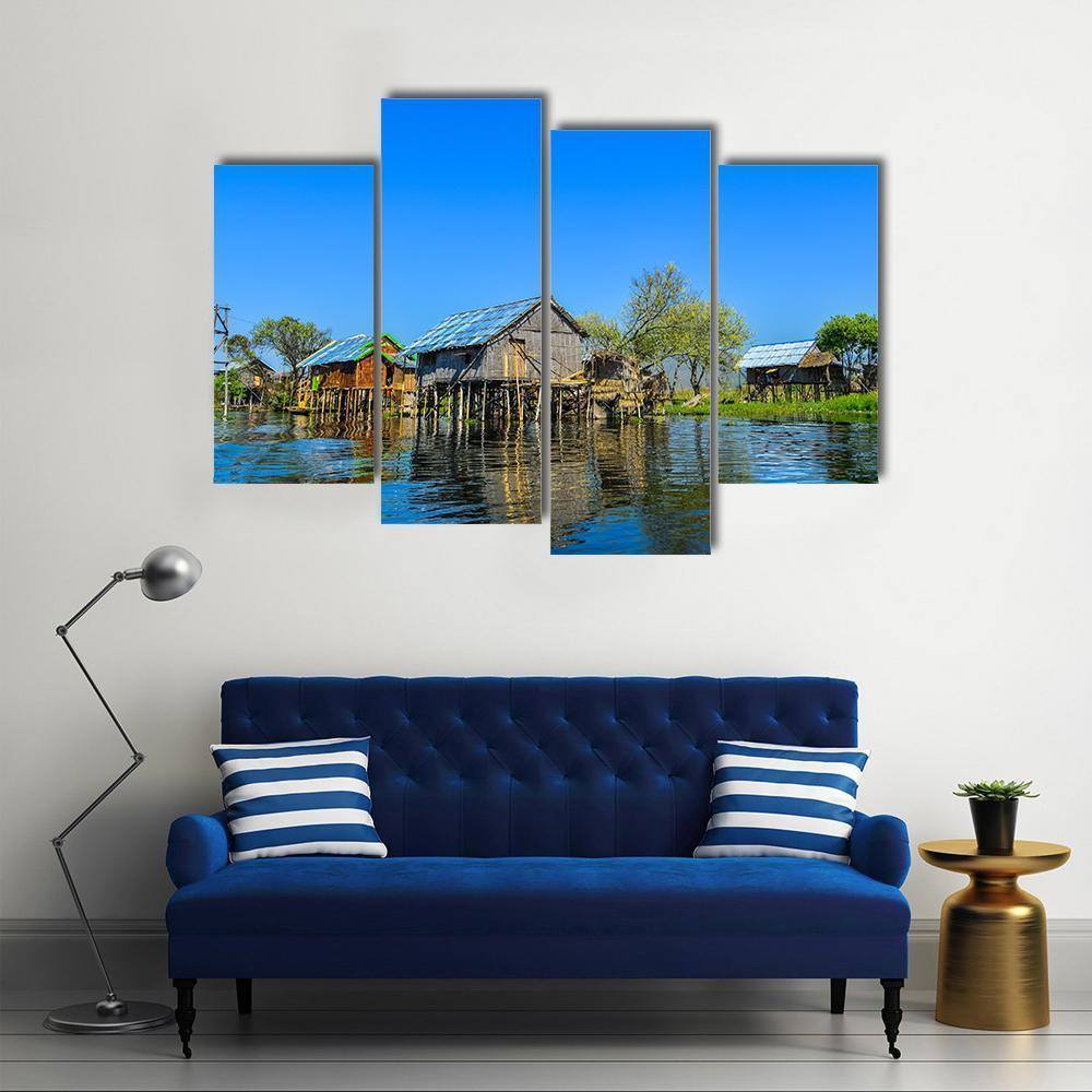 Wooden Houses In Floating Village On Inle Lake Canvas Wall Art-4 Pop-Gallery Wrap-50" x 32"-Tiaracle