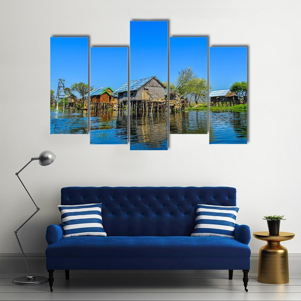 Wooden Houses In Floating Village On Inle Lake Canvas Wall Art-5 Pop-Gallery Wrap-47" x 32"-Tiaracle