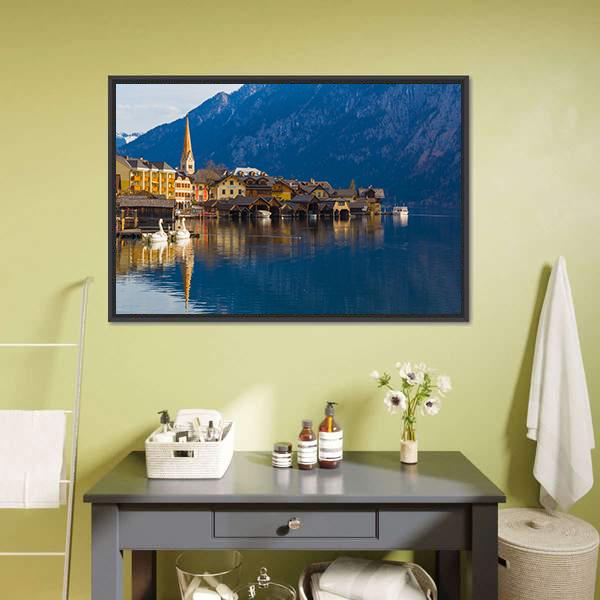 Wooden Houses Of Hallstatt Canvas Wall Art-1 Piece-Floating Frame-24" x 16"-Tiaracle