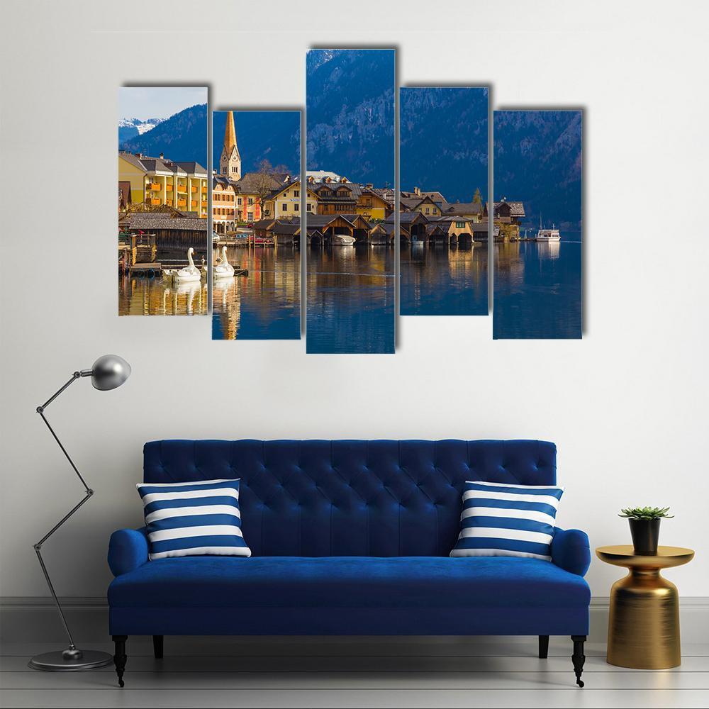 Wooden Houses Of Hallstatt Canvas Wall Art-5 Pop-Gallery Wrap-47" x 32"-Tiaracle