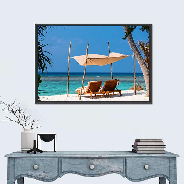 Wooden Lounge Chairs On A Tropical Beach Canvas Wall Art-1 Piece-Floating Frame-24" x 16"-Tiaracle