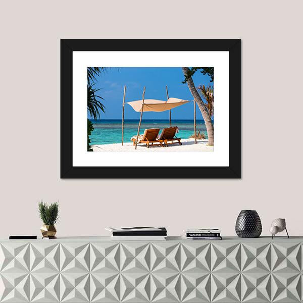 Wooden Lounge Chairs On A Tropical Beach Canvas Wall Art-1 Piece-Framed Print-20" x 16"-Tiaracle