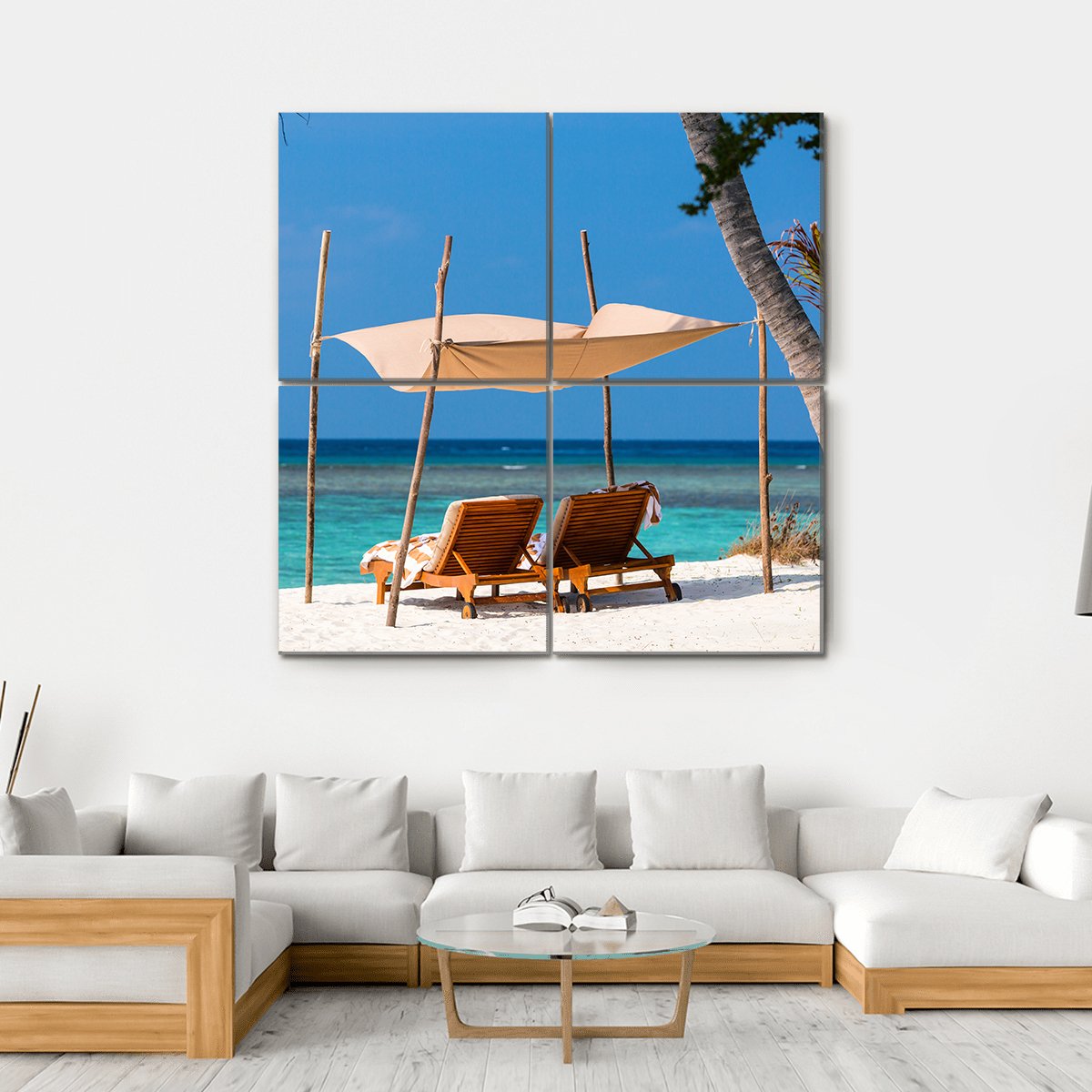 Wooden Lounge Chairs On A Tropical Beach Canvas Wall Art-4 Square-Gallery Wrap-17" x 17"-Tiaracle