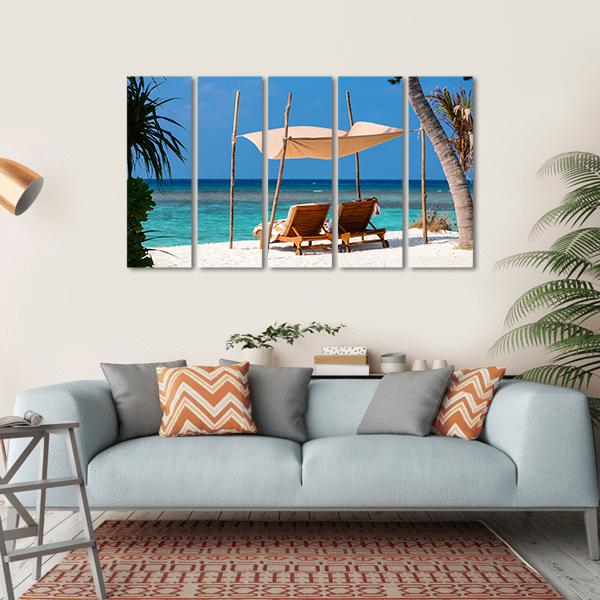 Wooden Lounge Chairs On A Tropical Beach Canvas Wall Art-5 Horizontal-Gallery Wrap-22" x 12"-Tiaracle