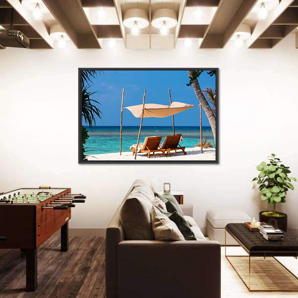 Wooden Lounge Chairs On A Tropical Beach Canvas Wall Art-5 Horizontal-Gallery Wrap-22" x 12"-Tiaracle