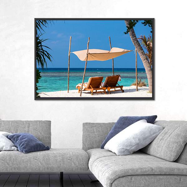 Wooden Lounge Chairs On A Tropical Beach Canvas Wall Art-5 Horizontal-Gallery Wrap-22" x 12"-Tiaracle