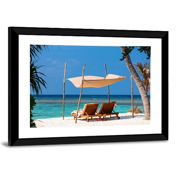 Wooden Lounge Chairs On A Tropical Beach Canvas Wall Art-5 Horizontal-Gallery Wrap-22" x 12"-Tiaracle
