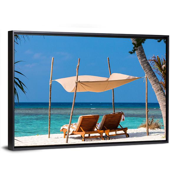 Wooden Lounge Chairs On A Tropical Beach Canvas Wall Art-5 Horizontal-Gallery Wrap-22" x 12"-Tiaracle