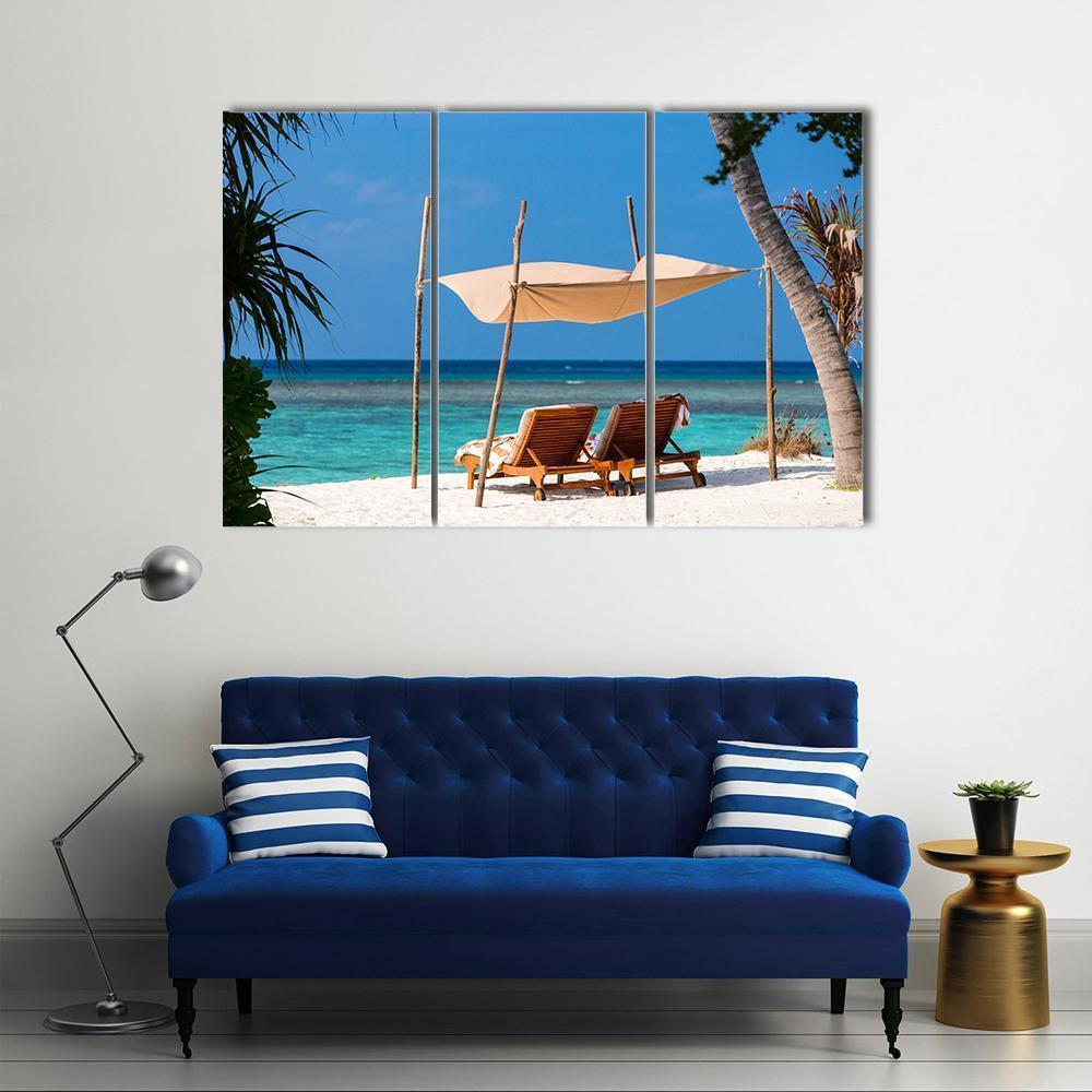 Wooden Lounge Chairs On A Tropical Beach Canvas Wall Art-3 Horizontal-Gallery Wrap-37" x 24"-Tiaracle