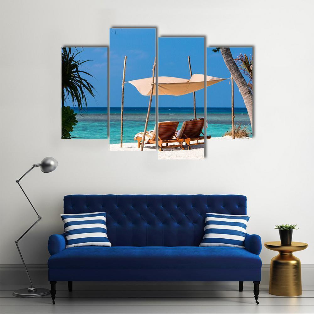 Wooden Lounge Chairs On A Tropical Beach Canvas Wall Art-4 Pop-Gallery Wrap-50" x 32"-Tiaracle