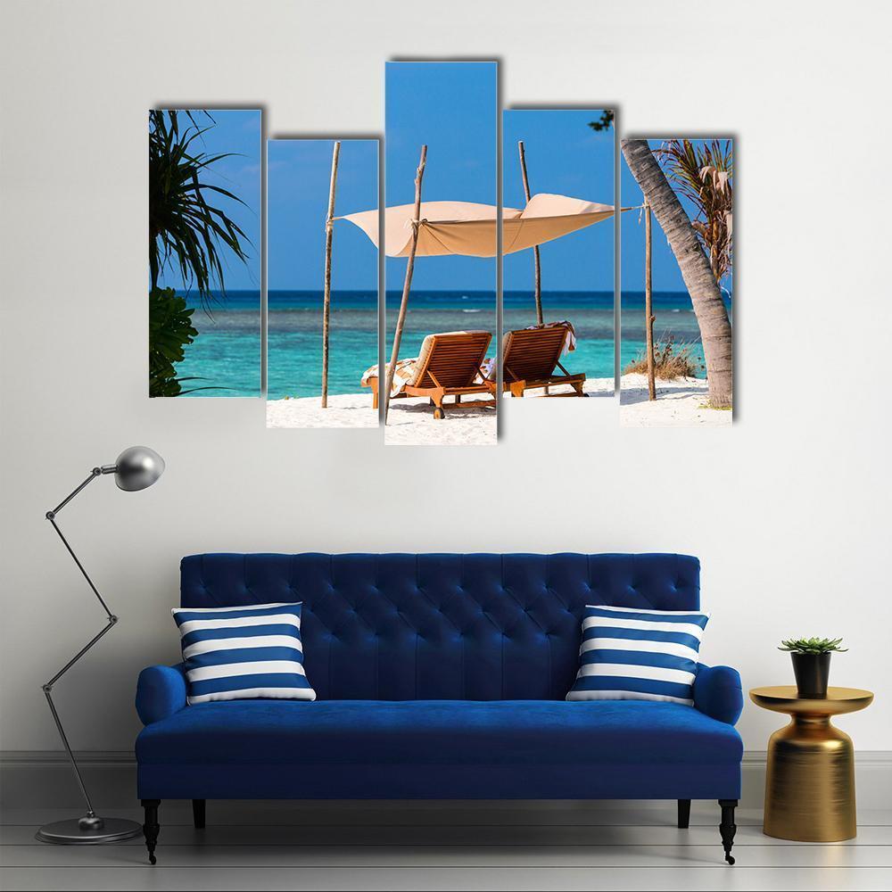 Wooden Lounge Chairs On A Tropical Beach Canvas Wall Art-5 Pop-Gallery Wrap-47" x 32"-Tiaracle