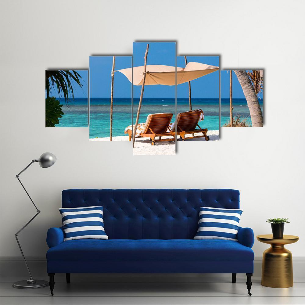 Wooden Lounge Chairs On A Tropical Beach Canvas Wall Art-5 Star-Gallery Wrap-62" x 32"-Tiaracle